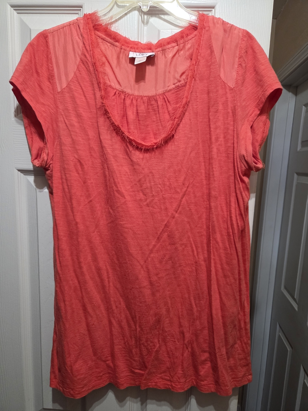 LOFT Orangw Short Sleeve Scoop Neck Tee with Fringe Trim